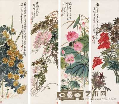 王震 丙子（1936年）作 花卉四韵 四屏 151×41cm×4